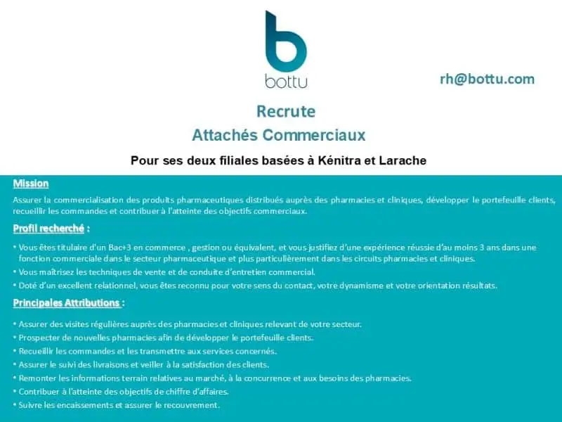 Bottu recrute des Attachés Commerciaux à Kénitra et Larache