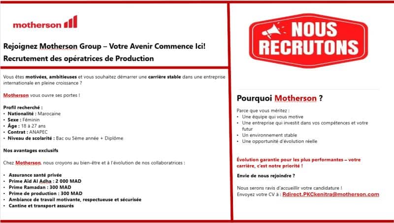 Motherson recrute des opératrices de production à Kénitra