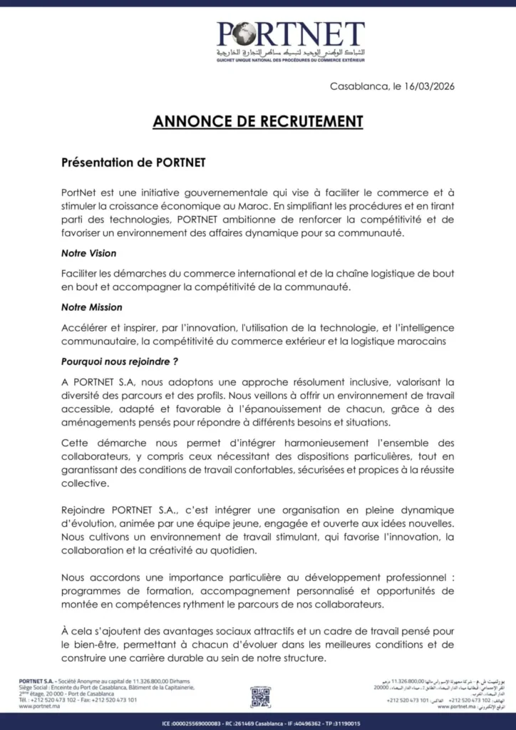 Concours PORTNET 2026 : 4 Postes à Pourvoir (Business Analyst & Sécurité SI)