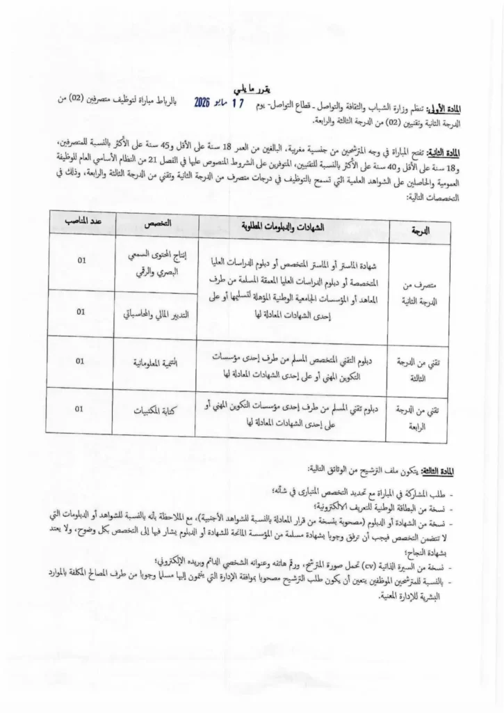 Concours Ministère de la Jeunesse 2026 : Recrutement de 6 Postes