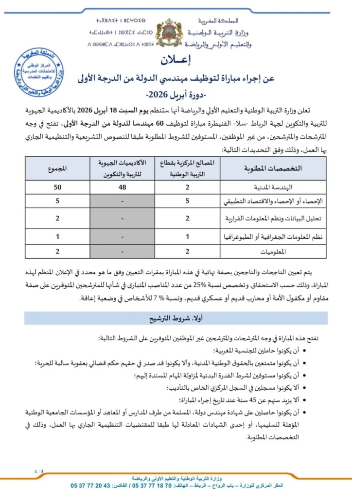 Concours de Recrutement Ministère de l’Education Nationale 2026 (135 Postes)